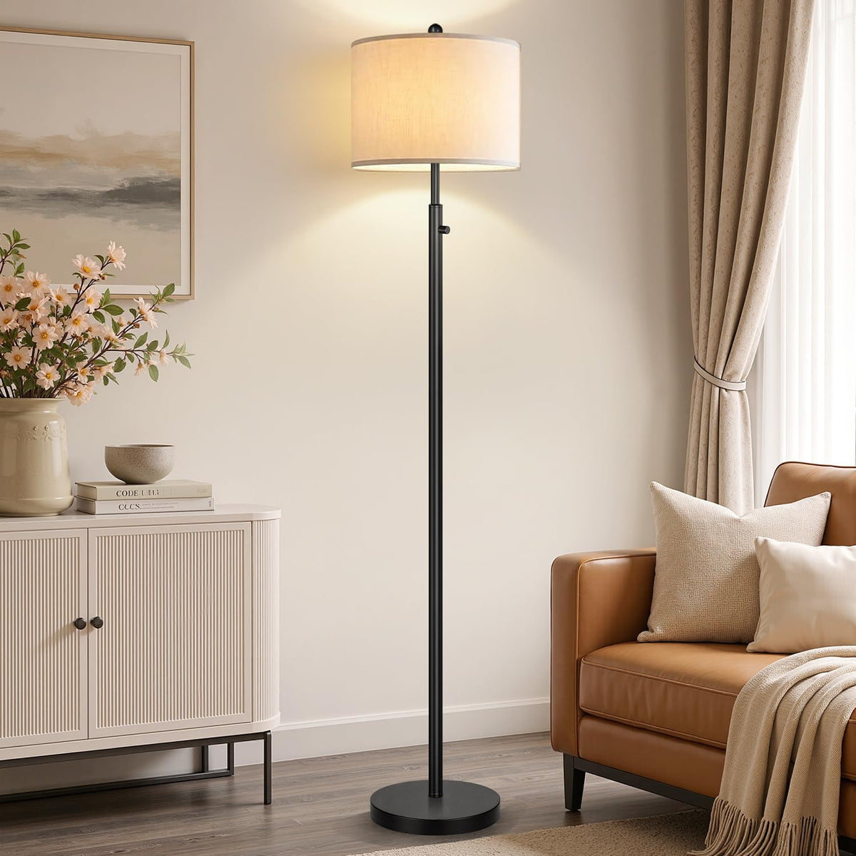 Nintiue Dimmable Gold Floor Lamp, Turkish Marble Base, White Linen Shade