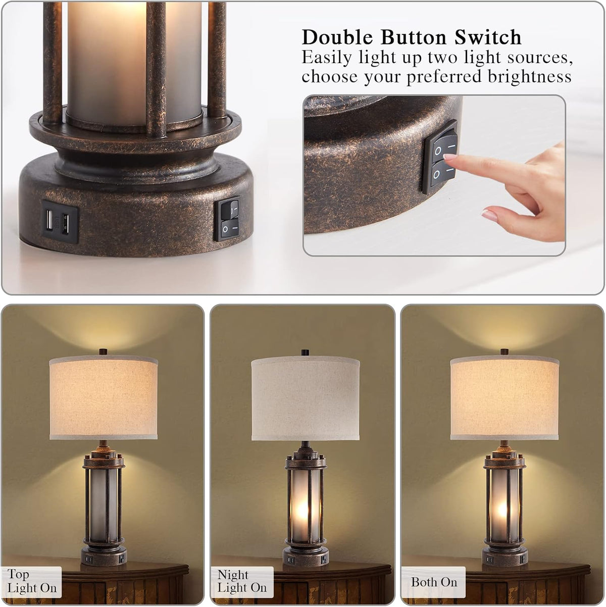 AIEAMPDO Set of 2 Farmhouse Table Lamps for Living Room with USB C+A Ports