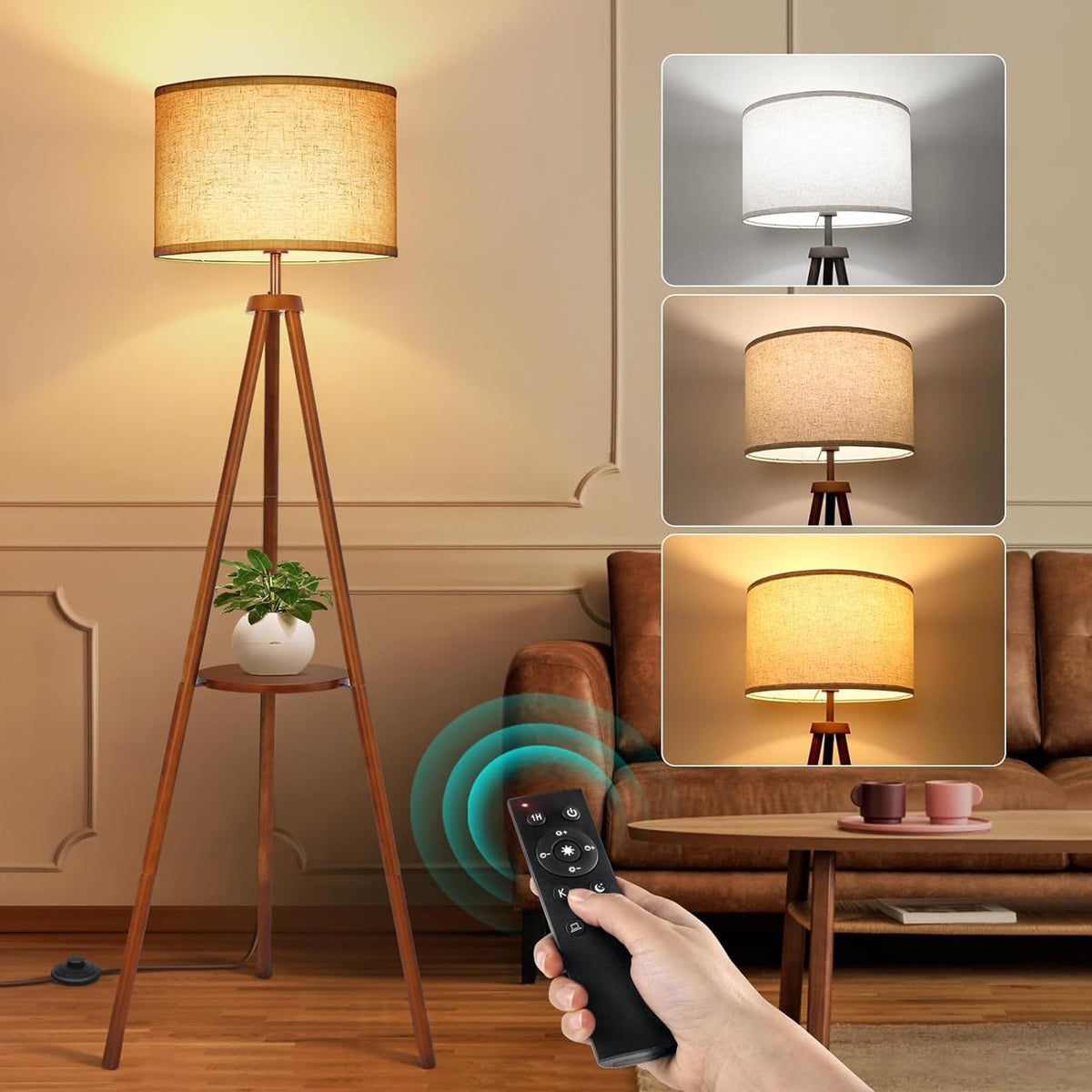 OUTON Wood Tripod Floor Lamp with Shelves, Mid Century Floor Lamp with Remote Control,4 Color Temperature, LED Modern Dimmable Standing Lamp with Beige Linen Shade for Living Room, Bedroom, Office