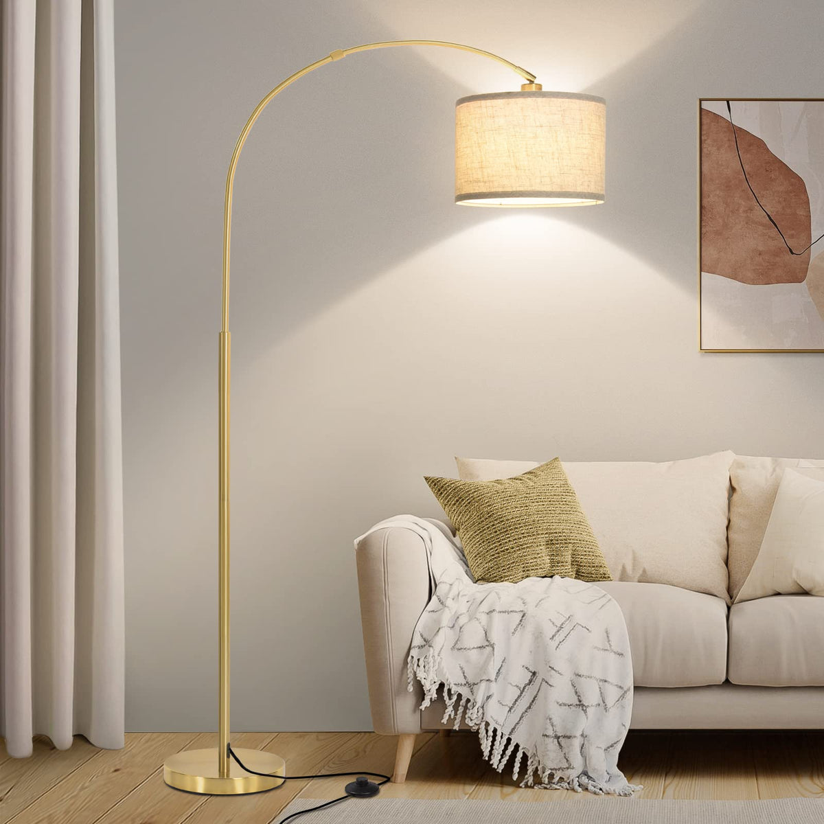 Seaside village Arc Floor Lamps for Living Room, Modern Standing Lamp with Adjustable Hanging Drum Shade, Tall Pole Lamp with Foot Switch, Over Couch Arched Reading Light for Bedroom, Office (Black)