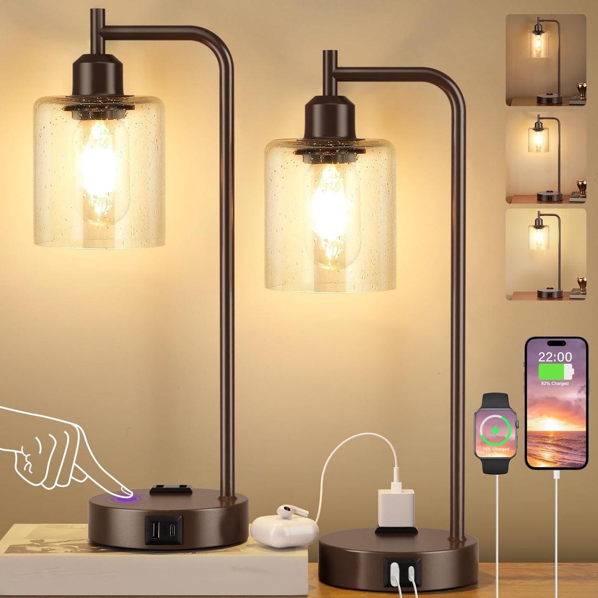 Industrial Touch Lamps for Nightstand Set of 2, 3-Way Dimmable Bedside Lamp