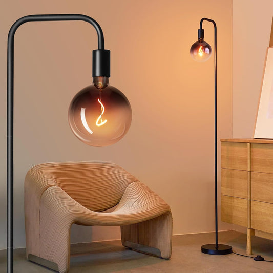 ONEWISH Floor Lamp for Living Room - Minimalist Industrial Standing Lamp with Modern LED Bulb, Globe Black Clear Glass 6", 1800K Warm Ambiant Lighting Decorative Tall Floor Lamp for Bedroom Office