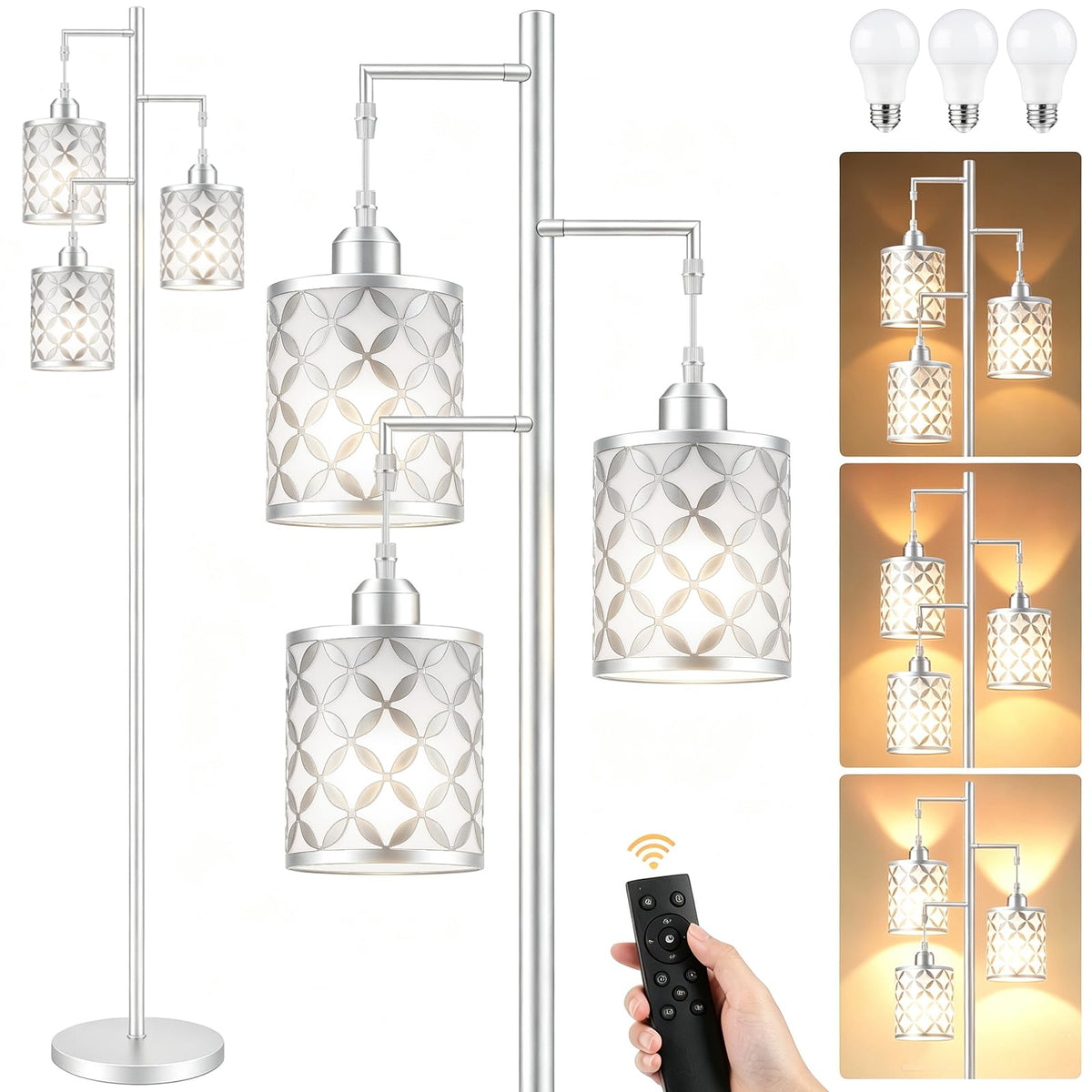 68" Industrial Tree Floor Lamp, Dimmable Farmhouse Tall Standing Lamp with Quatrefoil Cutout Shades & Rotary Dimmer Knob, Corner Light for Living Room Bedroom, 3 x800LM Bulbs Included-Black