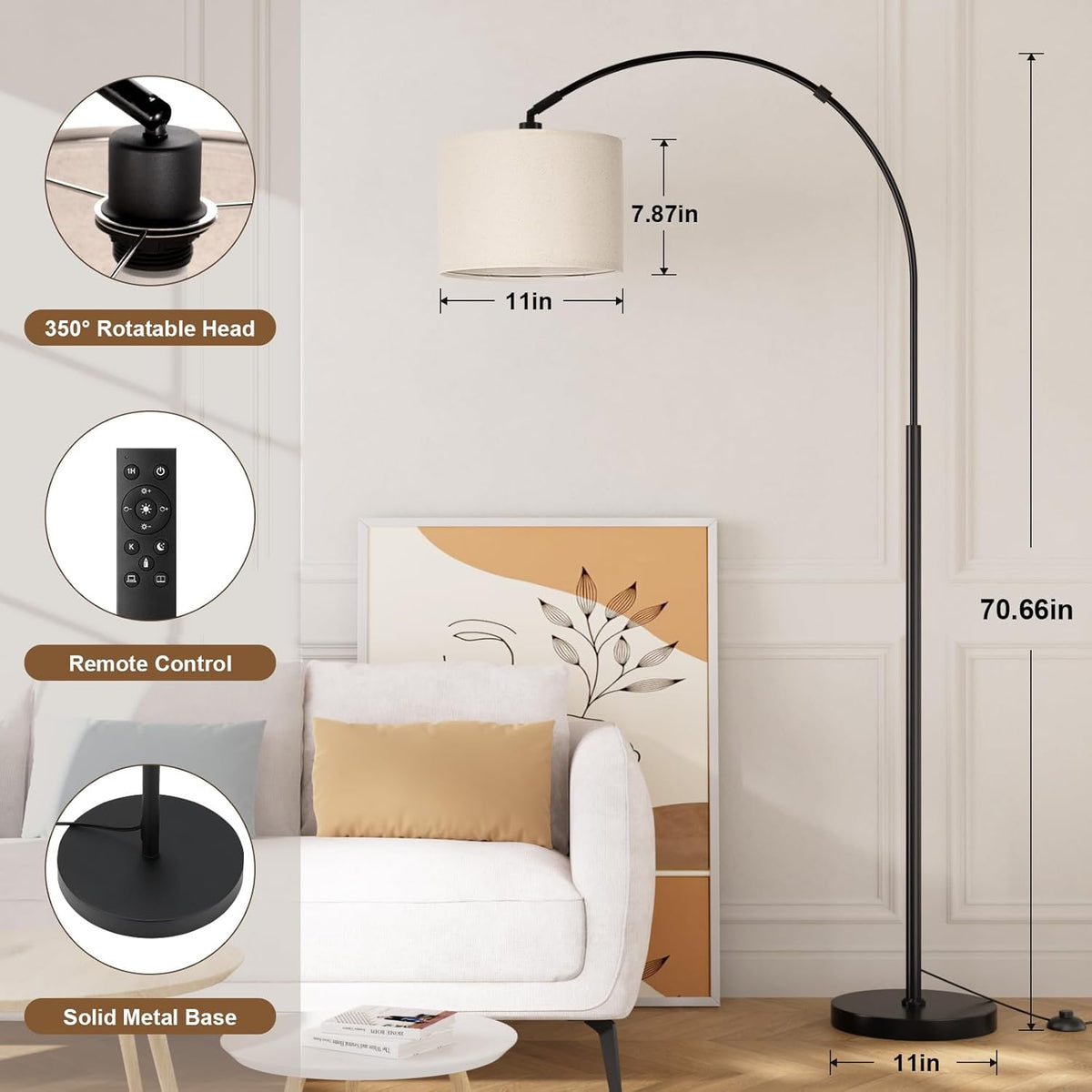 Ambimall 70" Dimmable Arc Floor Lamp with Remote, Color Temp Adjustable