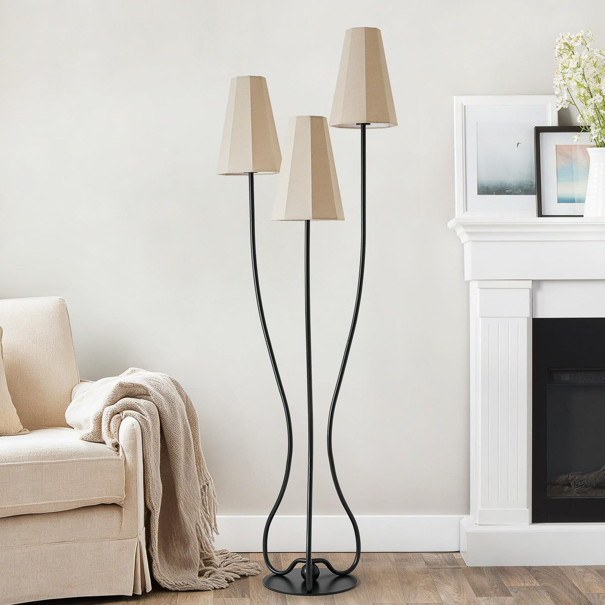 ZenGlimmer Artistic Vintage Floor Lamp, 3-Light Standing Lamps with Sculptural Curved Iron Base & Octagonal Linen Shades, Statement Lighting for Living Room, Bedroom, Studio