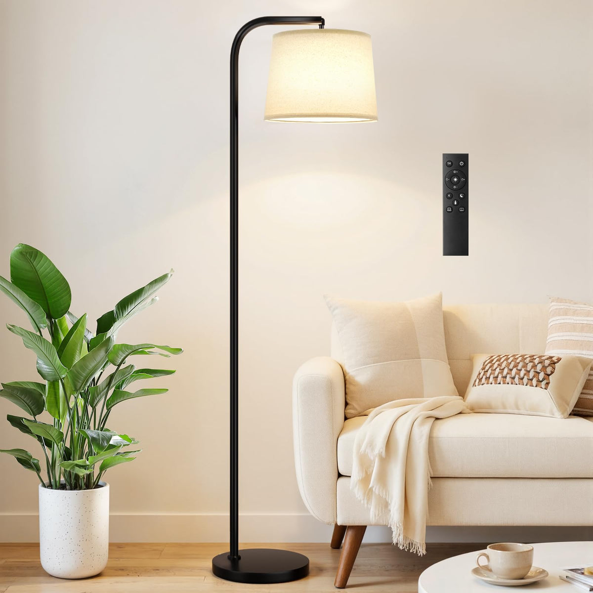 Ambimall Arc Floor Lamp for Living Room with Rotary Switch, Linen Shade