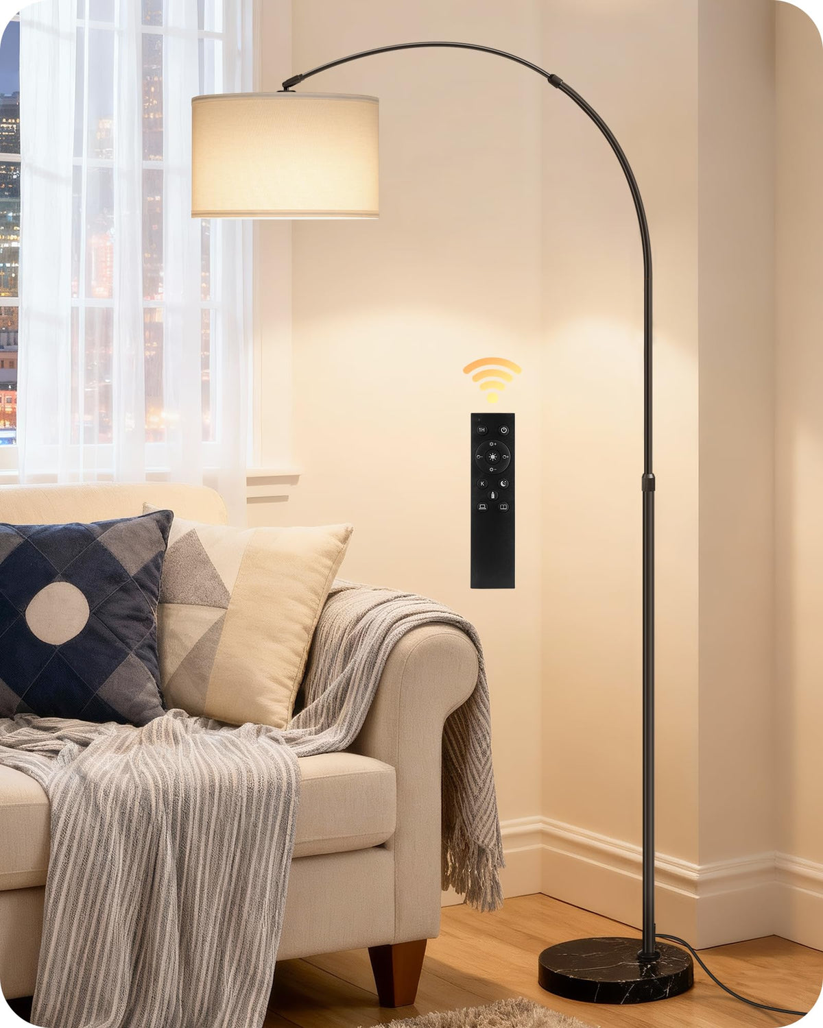 75" Dimmable Gold Arc Floor Lamp with Marble Base, Adjustable Height, Beige