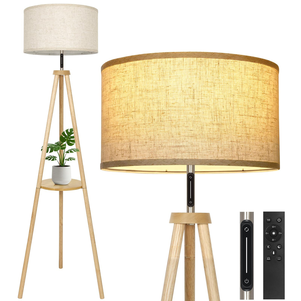 OUTON Wood Tripod Floor Lamp with Shelves, Mid Century Floor Lamp with Remote Control,4 Color Temperature, LED Modern Dimmable Standing Lamp with Beige Linen Shade for Living Room, Bedroom, Office