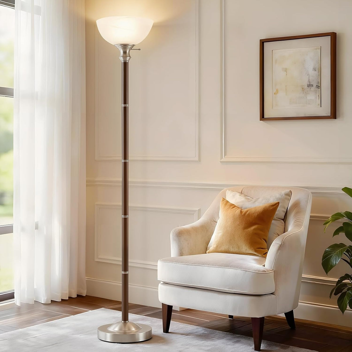 EJIAXIN 72" Wood Torchiere Floor Lamp with Glass Shade Walnut Standing Lamp