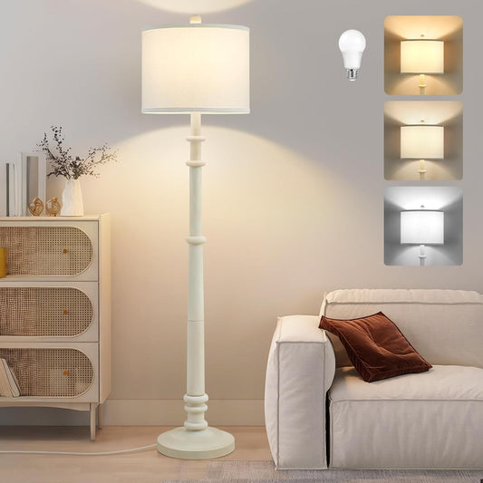 Floor Lamps for Living Room - 60" Farmhouse Floor Lamp with Adjustable Color Temperatures - Vintage Standing Lamp Reading Light with Linen Shade Retro Tall Lamp for Bedroom Office, Almond White
