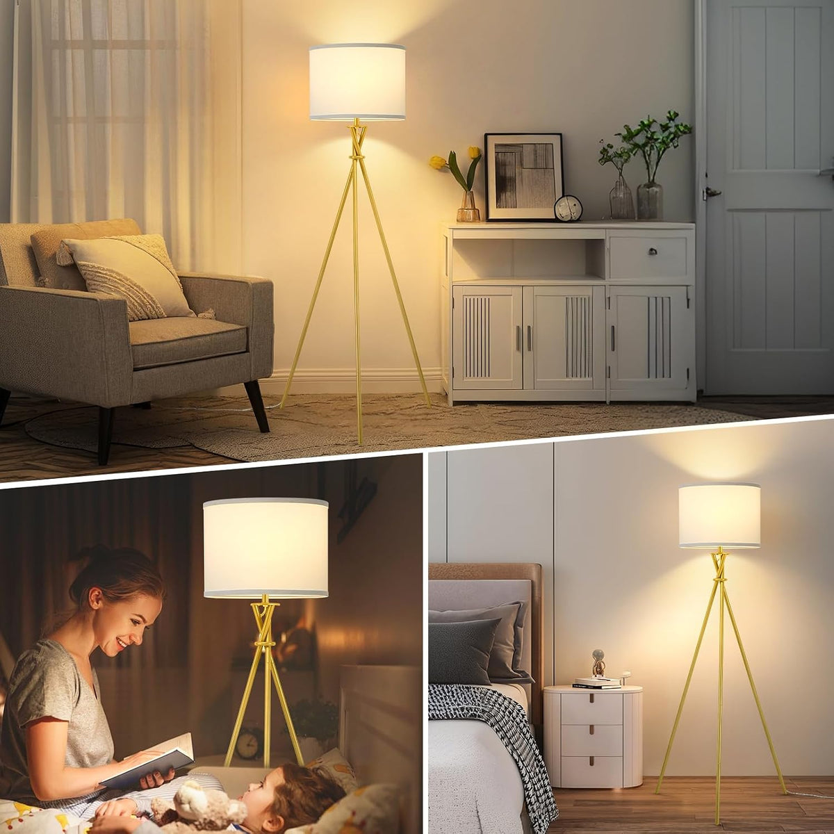 Gold Tripod Floor Lamp, 61” Floor Lamps for Living Room with Rotary Switch