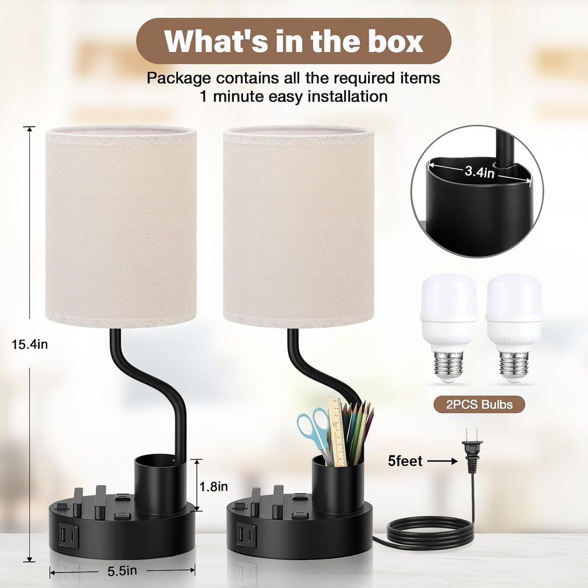 Fenmzee Bedside Lamps for Bedroom Set of 2 - Table Desk Lamp for Nightstand