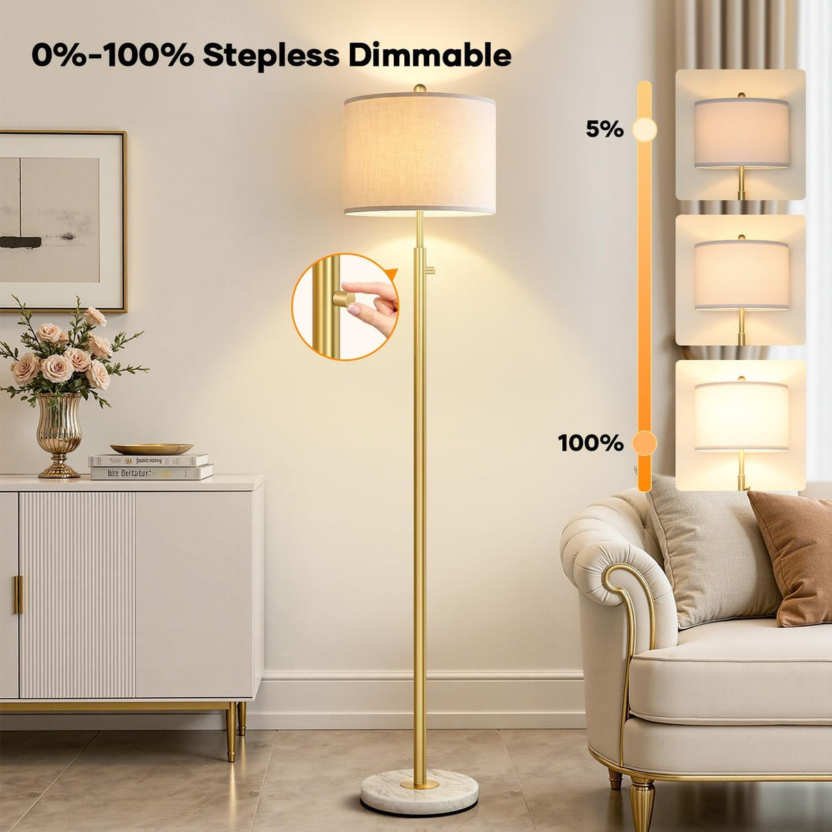 Nintiue Dimmable Gold Floor Lamp, Turkish Marble Base, White Linen Shade