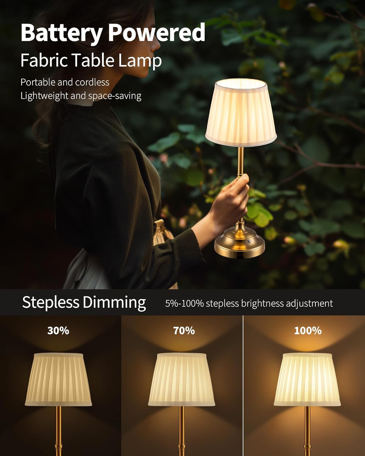 KDG Gold Cordless LED Table Lamps Set of 2, Beige Fabric Shade Desk Lamps