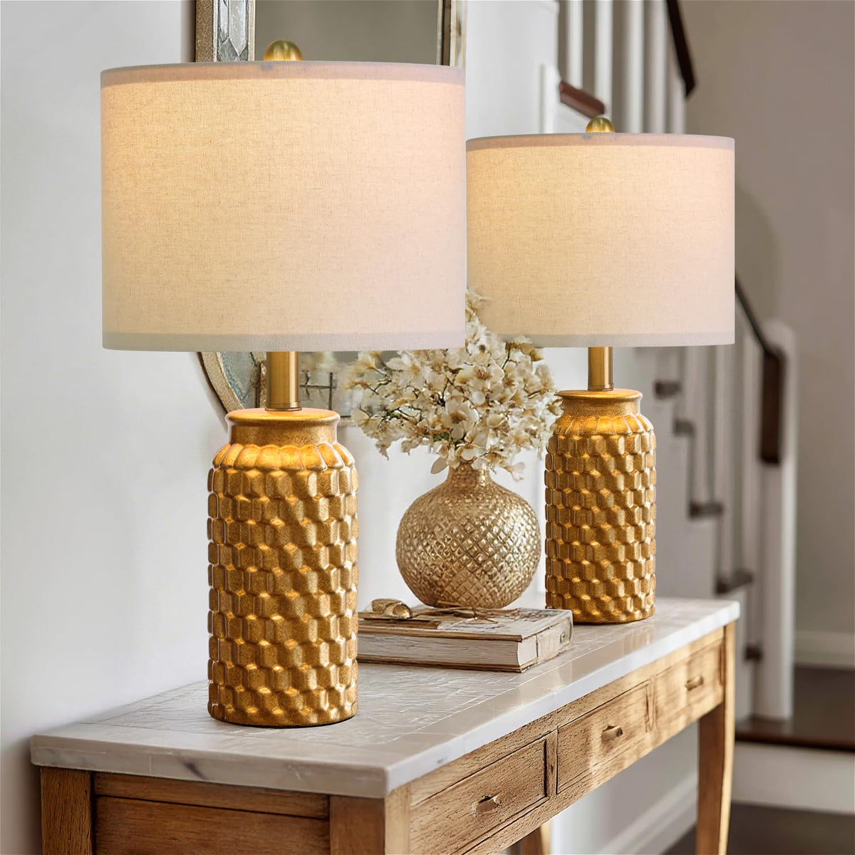USumkky 20.5" White Modern Ceramic Bedside Lamps Set of 2, Small Table Lamp for Bedroom Decor Farmhouse Nightstand Lamp for Living Room Office