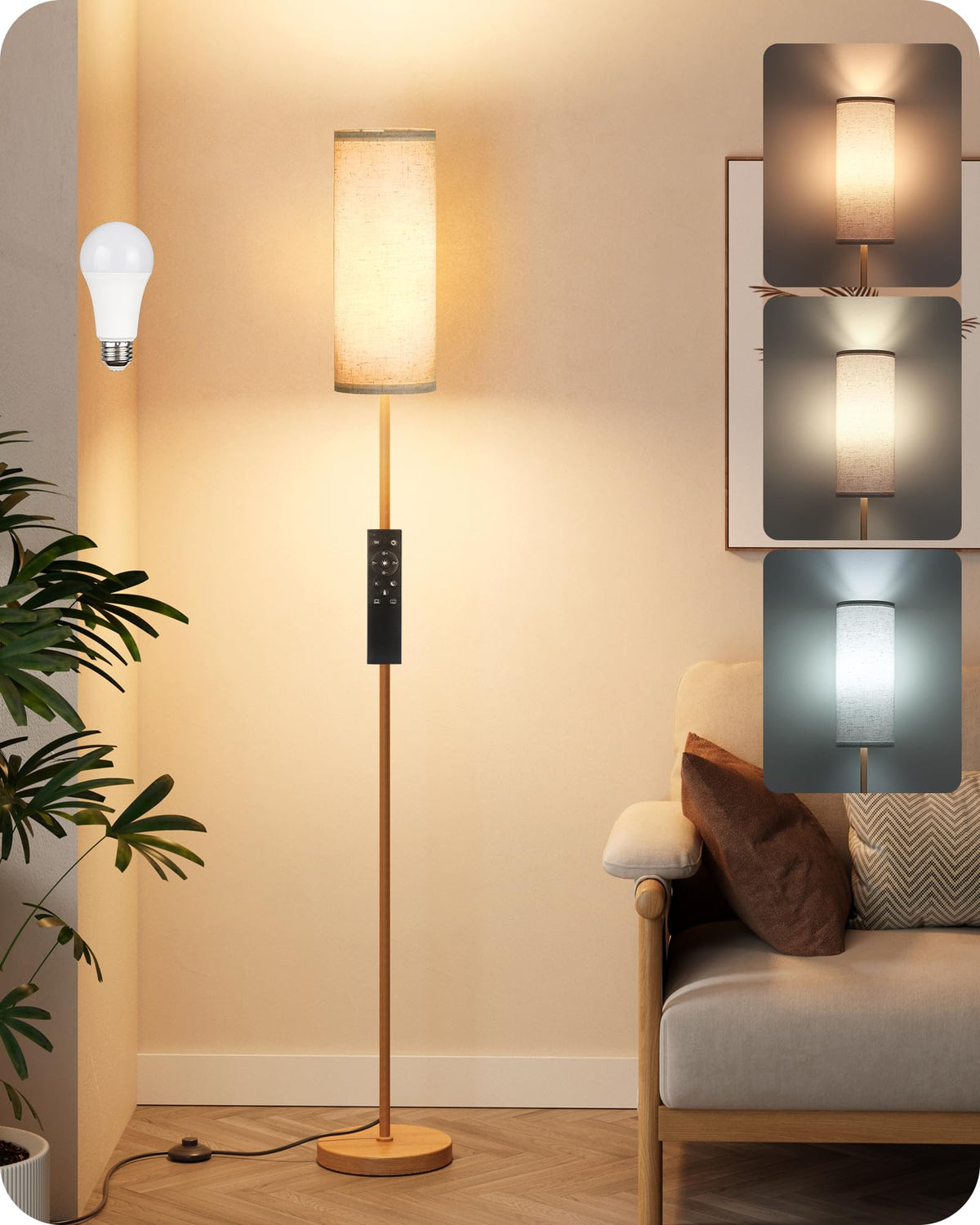 64.4” Slim Floor Lamp for Living Room with Magnetic Remote and Foot Switch, Dimmable Standing Tall Lamp Mood for Bedroom Nursery, 3 Color Temperatures, 1-Hour Timer,900LM Bulb Included,Beige E06LD05W1