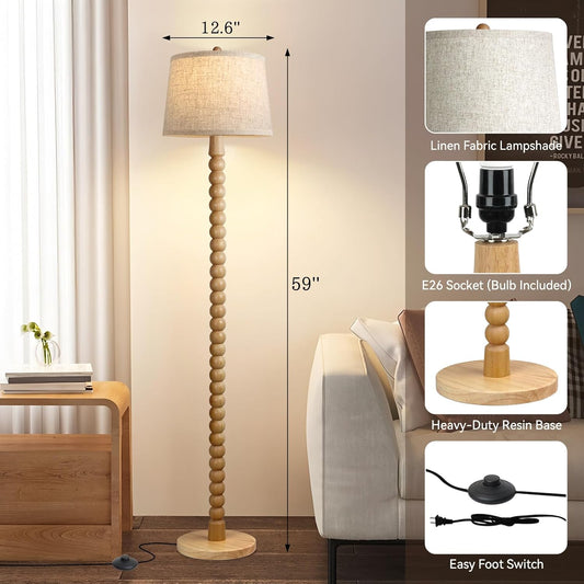 Real Wood Floor Lamp for Living Room,Wooden Standing Lamp with 3 Color Changing Bulb Included, Tall Lamp with Linen Shade,Farmhouse Floor Lamp for Living Room,Bedroom,Corner,Dining Room and Office