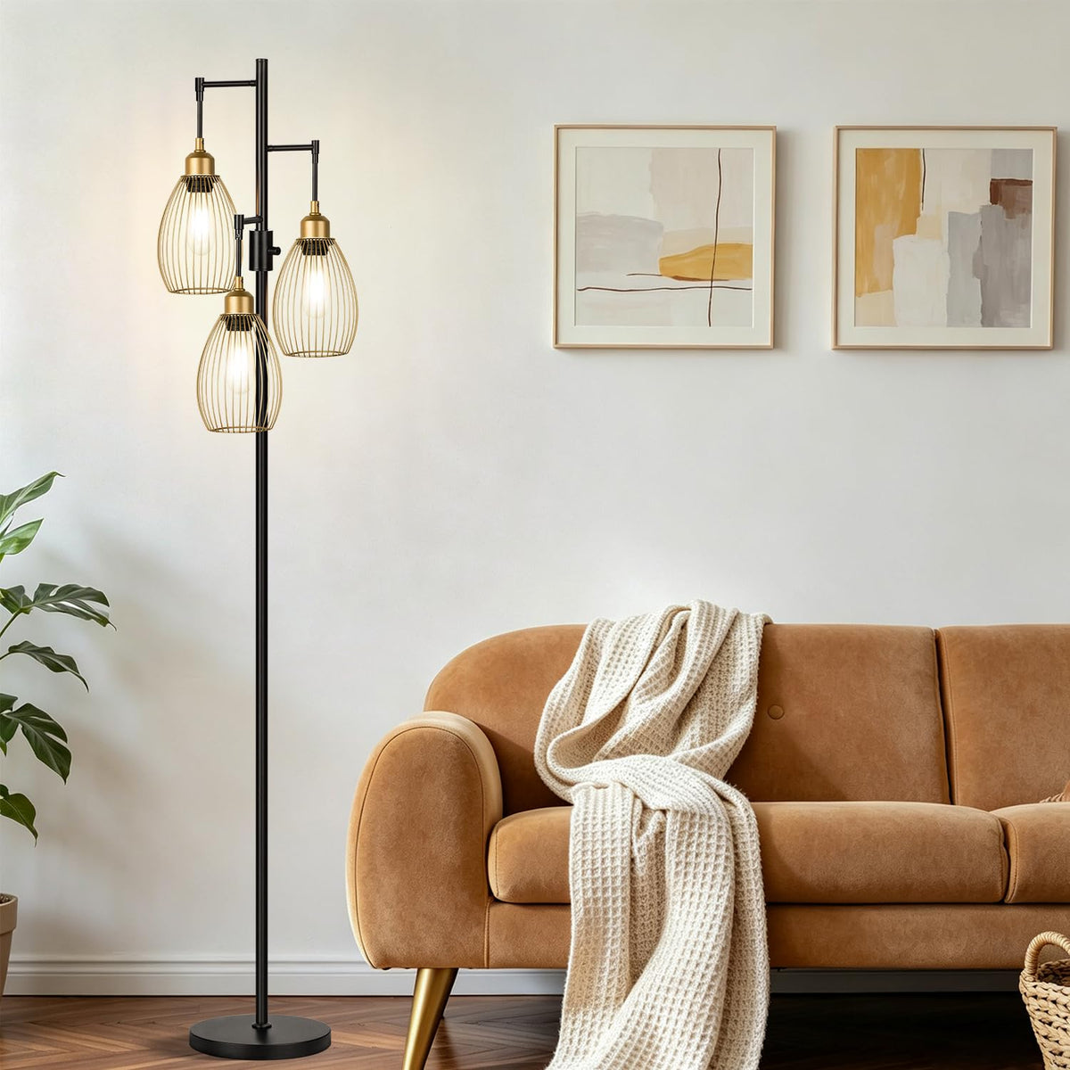 Dimmable Floor Lamp, 3 x 800LM LED Edison Bulbs Included, Farmhouse Industrial Floor Lamp Standing Tree Lamp with Elegant Teardrop Cage Tall Lamps for Living Room Bedroom Office Dining Room-Black