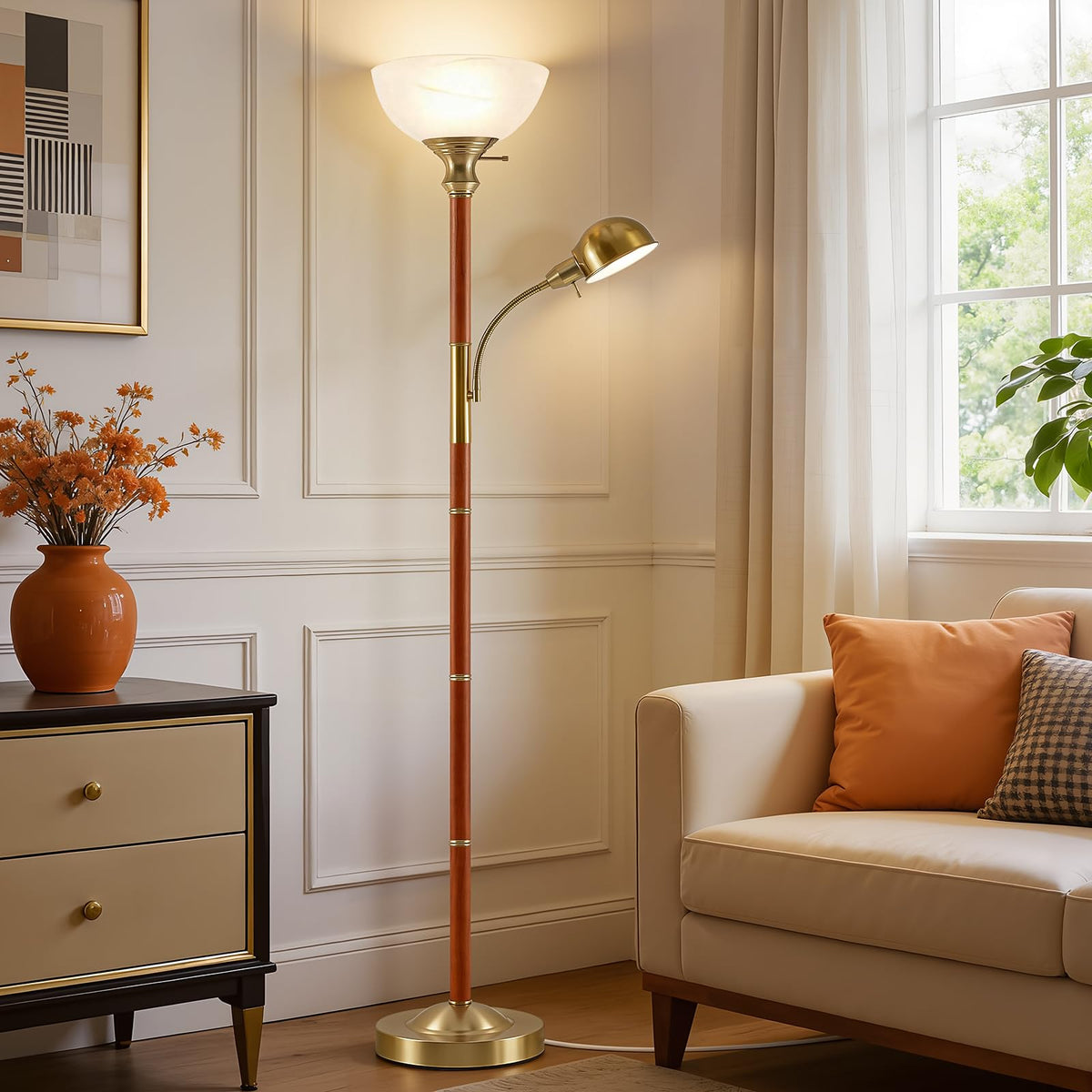 EJIAXIN 72" Wood Torchiere Floor Lamp with Glass Shade Walnut Standing Lamp