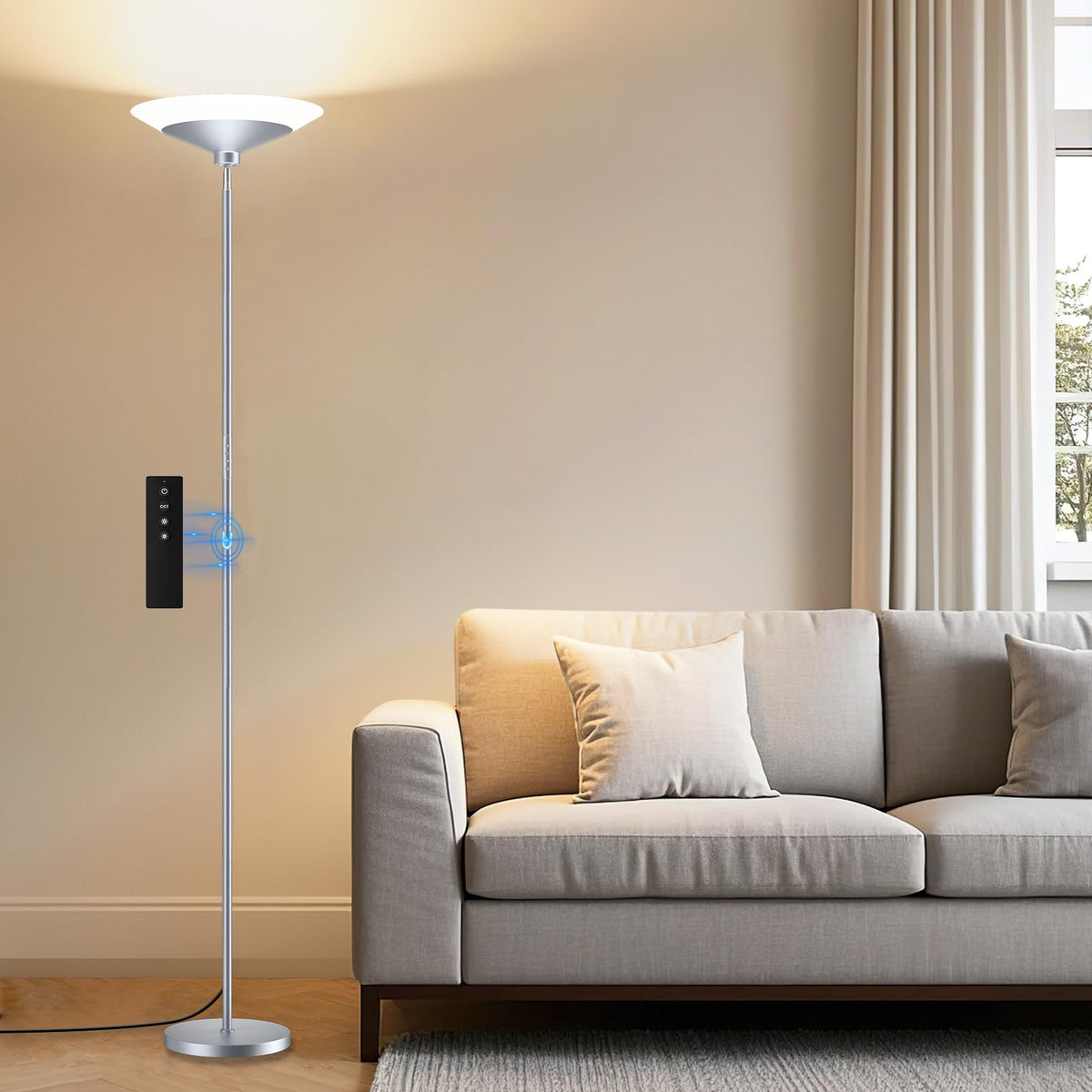 SIBRILLE Torchiere Floor Lamp - 72" Tall LED Standing Lamp with Remote/Button Control, 1800Lm, 3000-6500K, 30W Dimmable Modern Corner Floor Light for Living Room Bedroom Office Apartment, Black