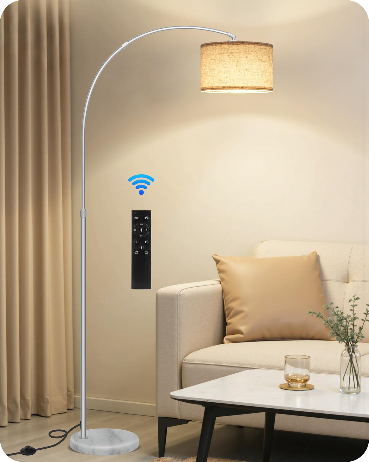 75" Dimmable Gold Arc Floor Lamp with Marble Base, Adjustable Height, Beige