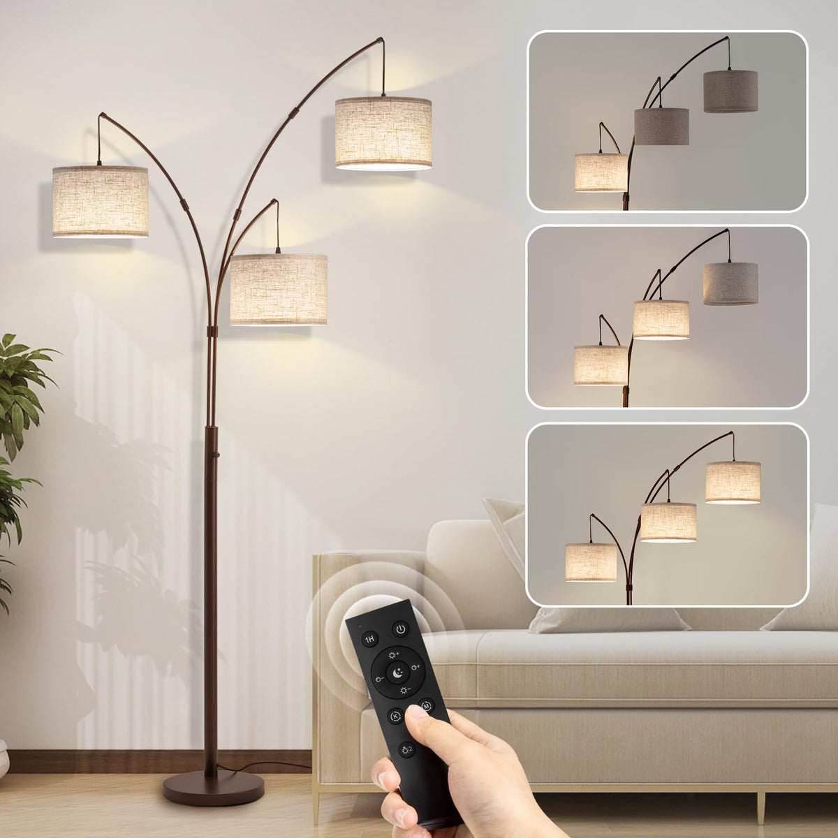 3 Light Arc Floor Lamp with Remote, Beige Shade Black Pole