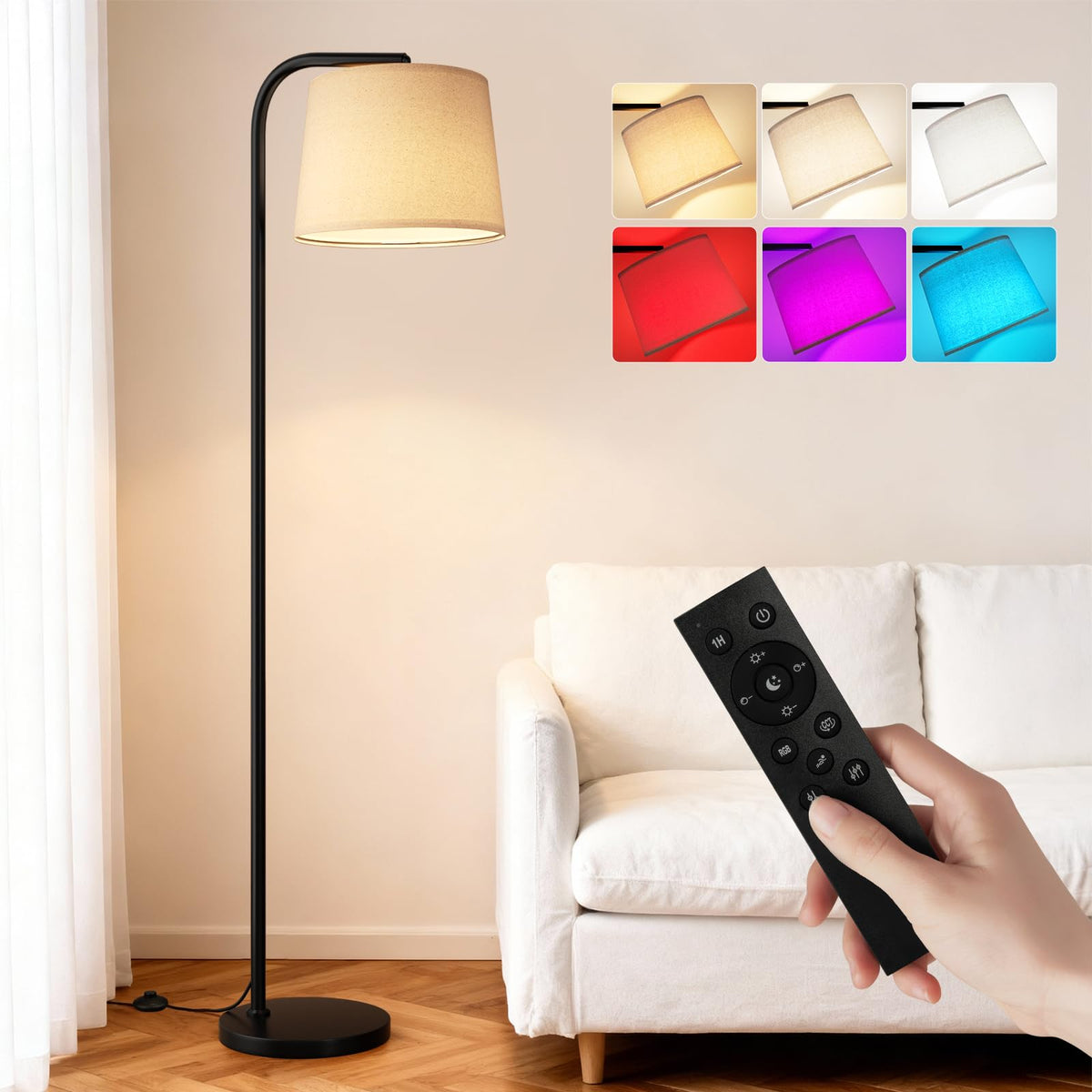 Ambimall Arc Floor Lamp for Living Room with Rotary Switch, Linen Shade