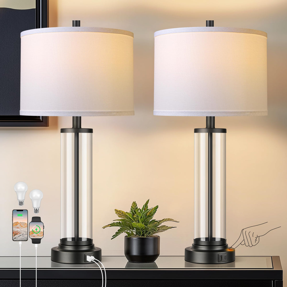 Glass Table Lamps Set of 2, Modern Gold Dimmable Beside Lamps for Bedroom
