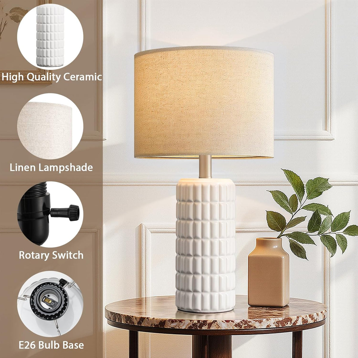 Seealle 23" Modern Ceramic Table Lamps Set of 2, Lamps for Bedroom, White