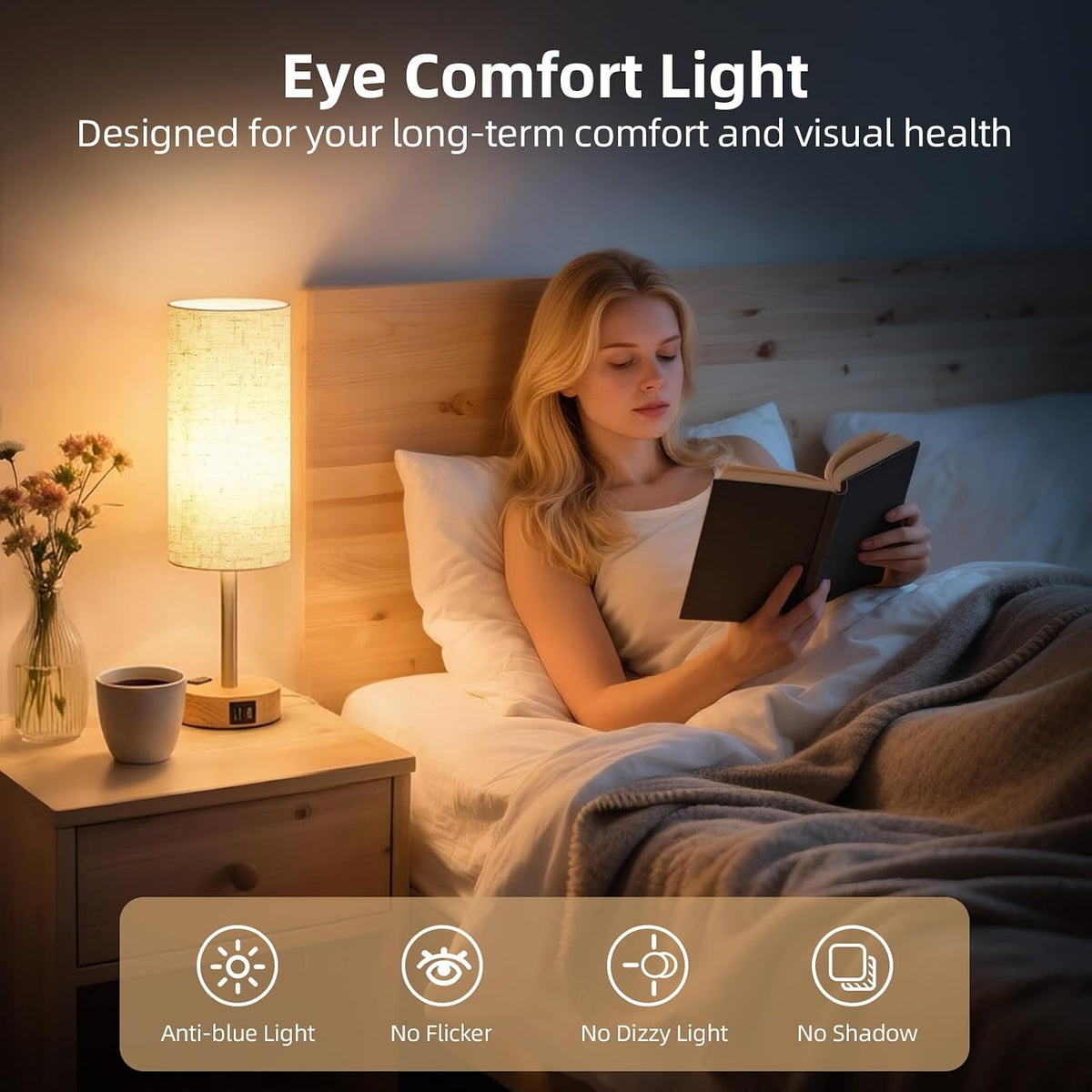 Table Lamp for Bedroom, High-Sensitivity Touch, AC Outlet, USB A+C