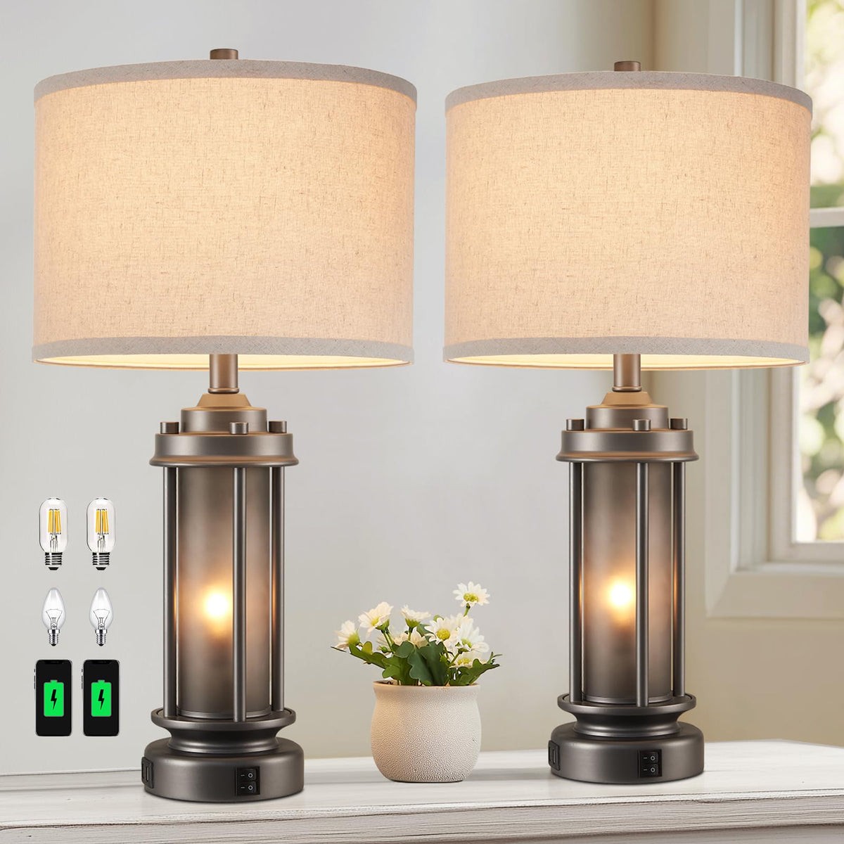 AIEAMPDO Set of 2 Farmhouse Table Lamps for Living Room with USB C+A Ports