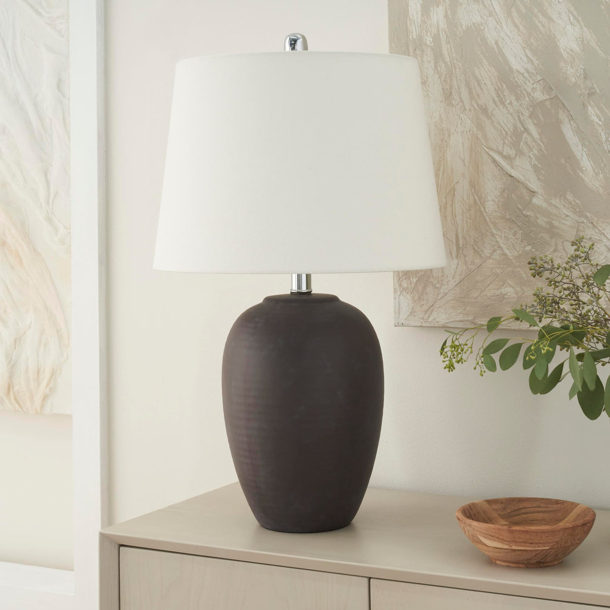 Nourison Home 23" Natural White Ceramic Jar Table Lamp for Bedroom, Living Room, Dining Office, with Off-White Shade