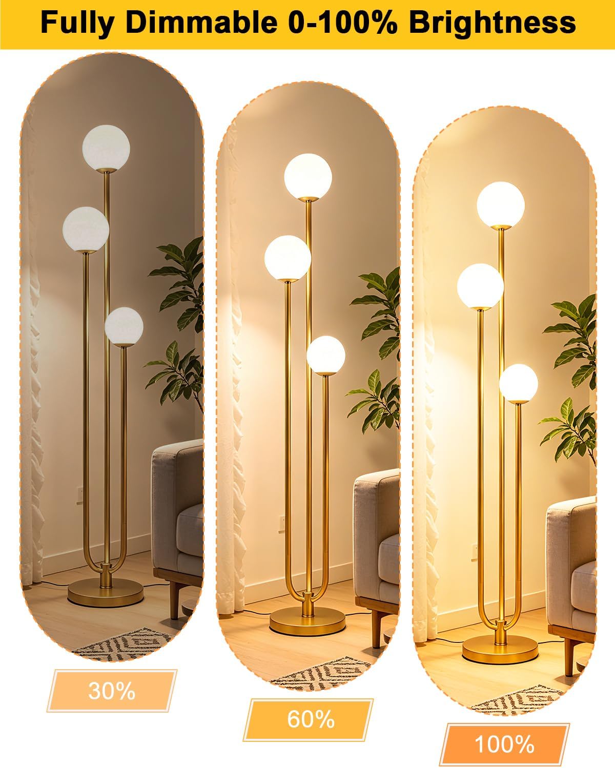 Lightdot 63IN Gold Floor Lamp Dimmable 3-Lights Globe LED Floor Lamps with 3000K Soft Warm White for Wedding/Party Tall Lamp with 5Lbs Heavy Base for Living Room/Bedroom/Sofa Beside/Corner Decor