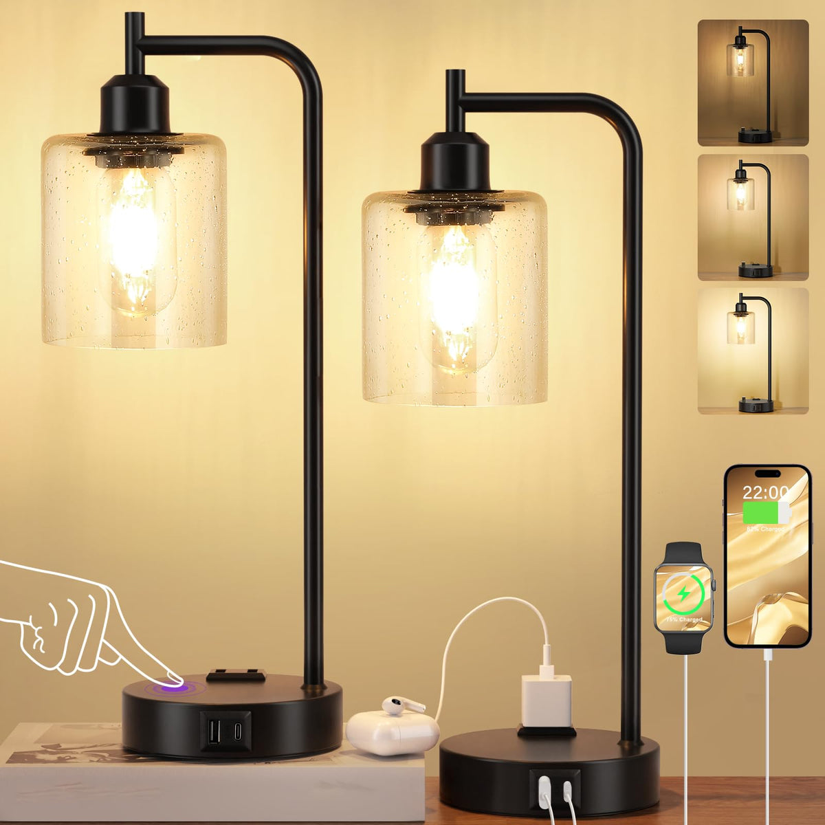 Industrial Touch Lamps for Nightstand Set of 2, 3-Way Dimmable Bedside Lamp