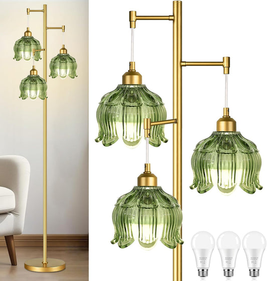 ZECOXOL Vintage Floor Lamps for Living Room Bedroom-3 Light Glass Floor Lamp with Three Led Bulb, Modern Mid Century Standing Lamp Brass Tall Lamp Gold Tree Floor Lamp for Bedroom Corner