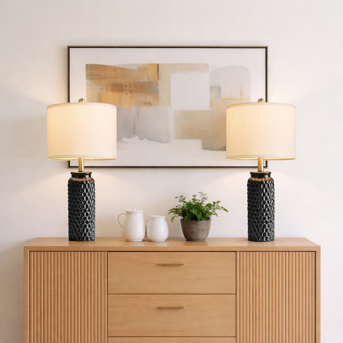 USumkky 25.75" Off-White Ceramic Table Lamp Set of 2, Mid Century Modern Bedside Nightstand Lamps for Bedroom Living Room, Linen Shade & Gold Metal Base, Rotary Switch E26 (Bulbs Excluded)