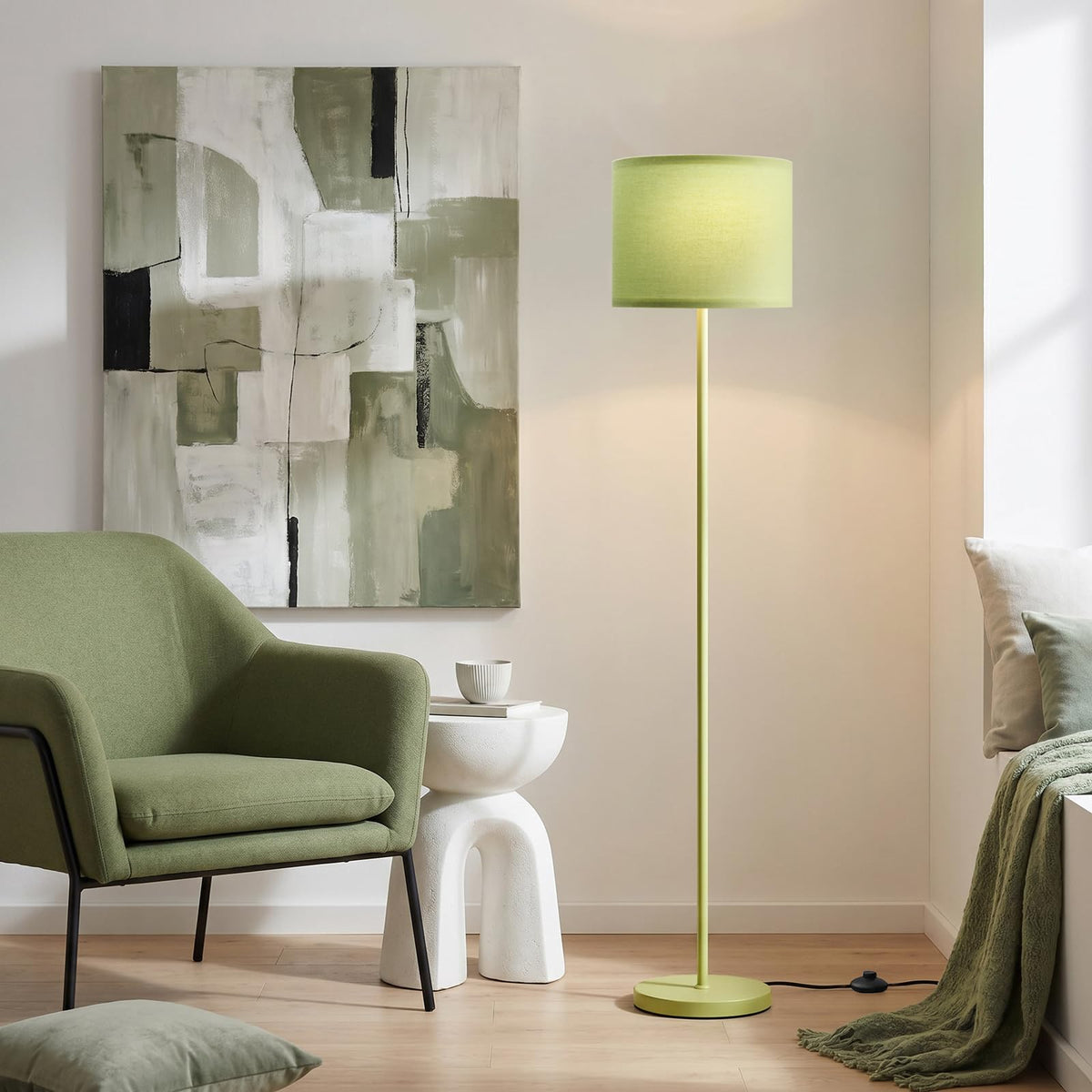 Ambimall 60'' Modern Floor Lamp with Shade, Tall Lamps for Living Room, Bedroom, Office, Dining Room, Beige Shade with Brown Pole(Without Bulb)
