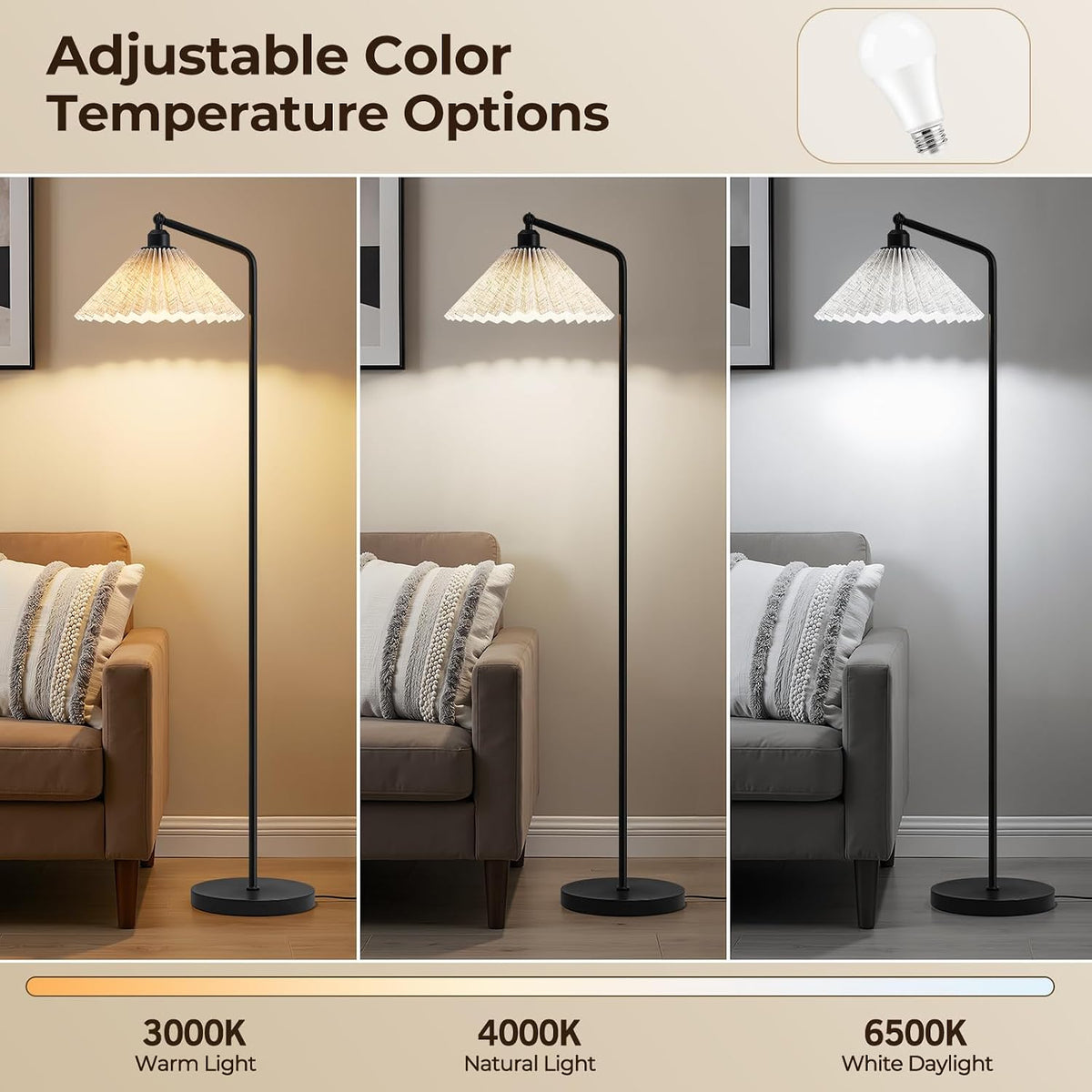 Floor Lamps for Living Room & Bedroom, 63" Modern Tall Standing Lamp, 3CCT