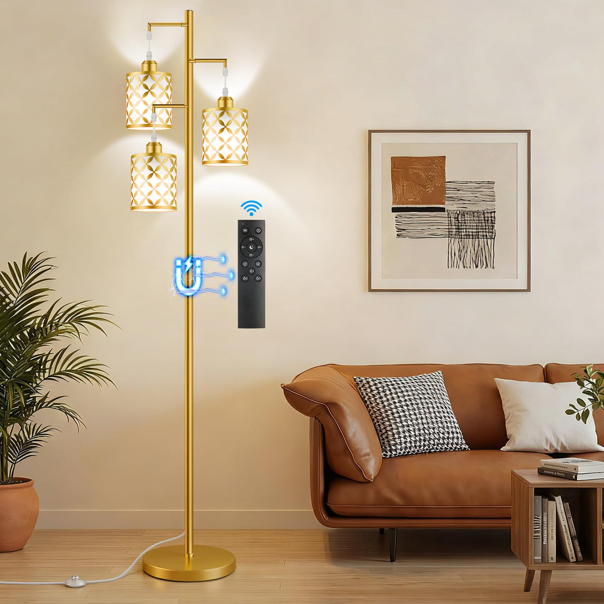 68" Industrial Tree Floor Lamp, Dimmable Farmhouse Tall Standing Lamp with Quatrefoil Cutout Shades & Rotary Dimmer Knob, Corner Light for Living Room Bedroom, 3 x800LM Bulbs Included-Black