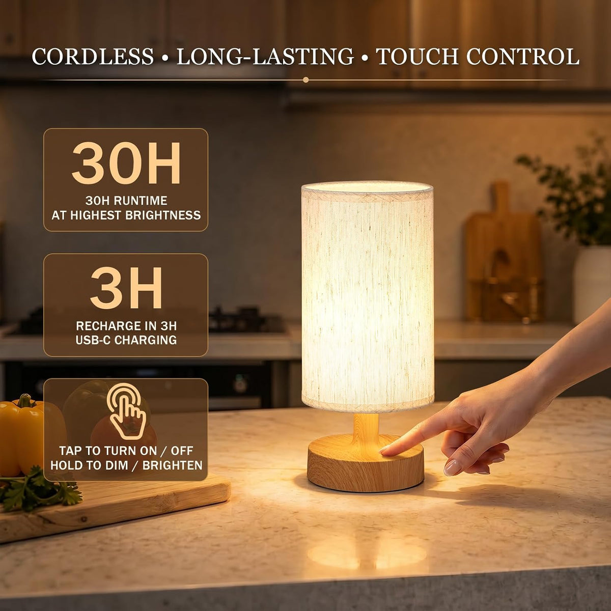 Kakanuo Cordless Table Lamp Rechargeable Small - 2 Pack Beige Wood, 4000mAh Battery Operated Lamp with Touch Control Stepless Dimming, Wireless Lamp for Bedside, Nightstand, Bedroom, Living Room