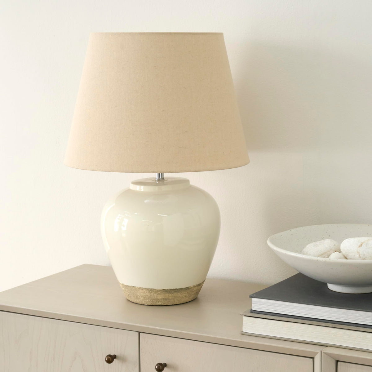 Nourison Home 20" Sand (Light Beige) Neutral Ceramic Table Lamp with Fabric Shade, Bedside Nightstand Lamp for Bedroom, Living Room, Entryway