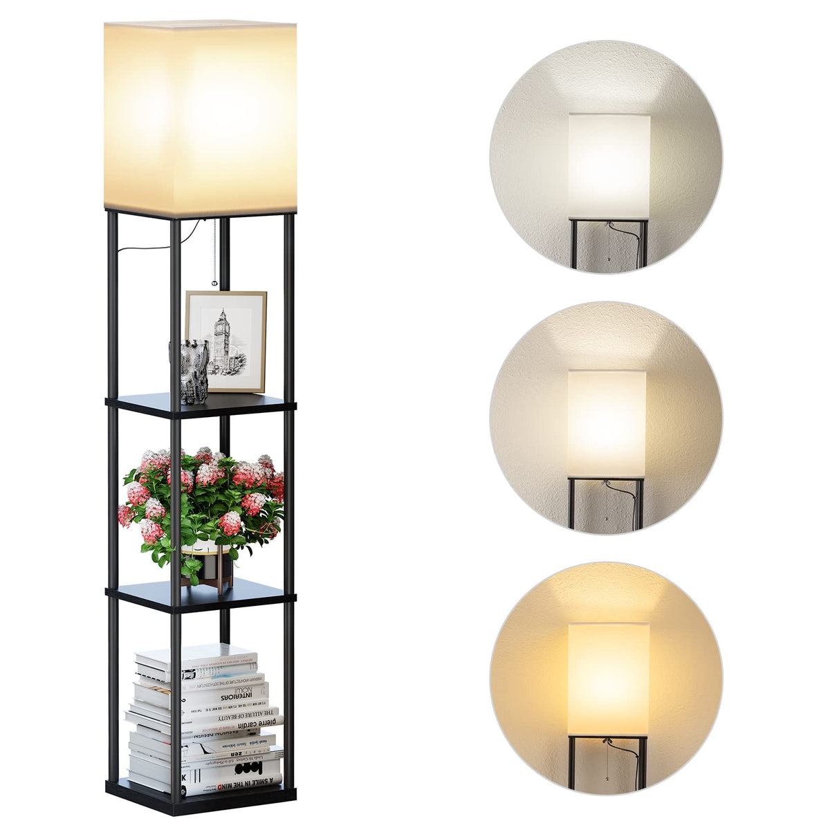 SUNMORY Floor Lamp with Shelves, Standing Lamps for Living Room, Black