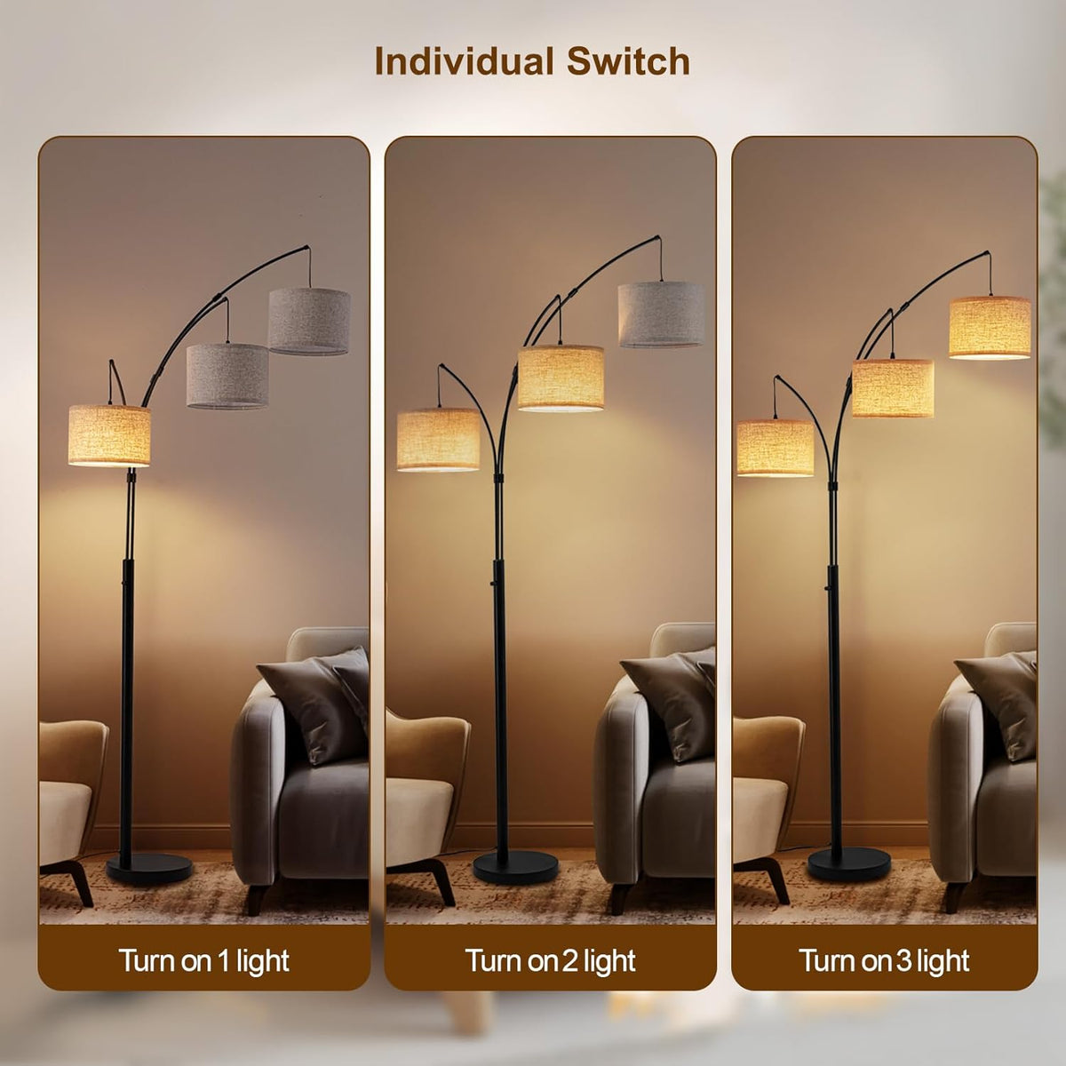3 Light Arc Floor Lamp with Remote, Beige Shade Black Pole