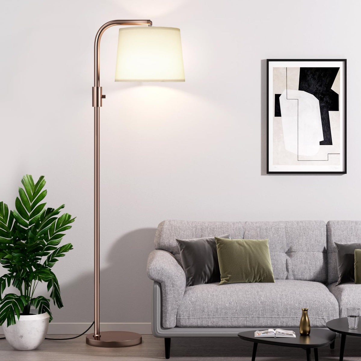 Ambimall Arc Floor Lamp for Living Room with Rotary Switch, Linen Shade