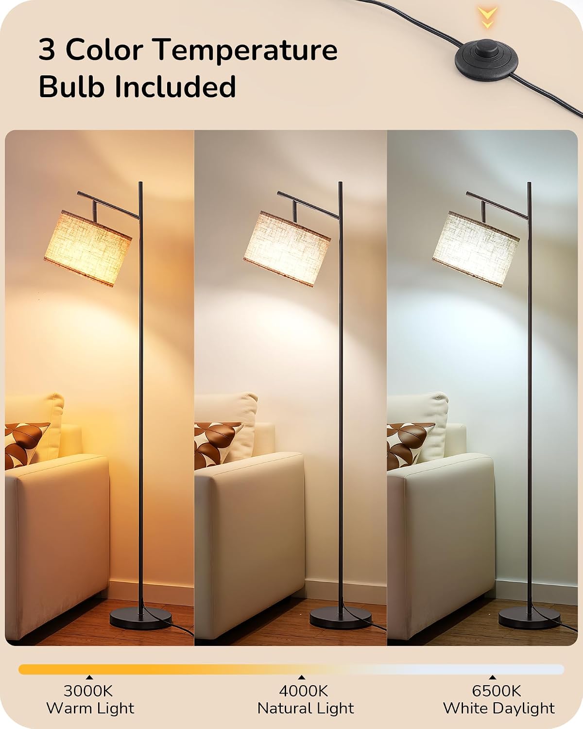 EDISHINE Modern Black Floor Lamps for Living Room, 64.7" Arc Standing Lamp