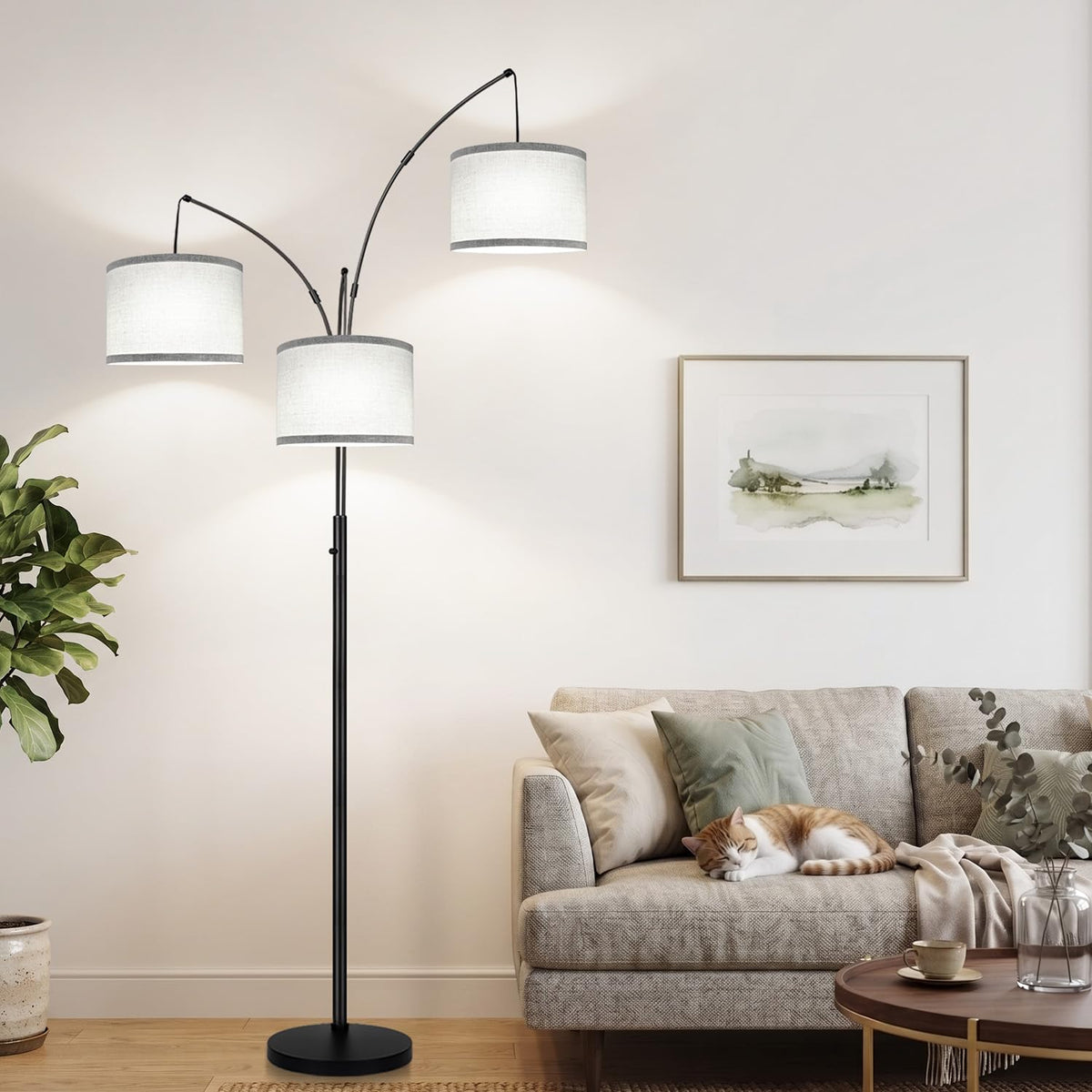 Dimmable 3 Lights Floor Lamp - 3000LM Super Bright Arc Floor Lamps for Living Room, Modern Tall Standing Lamp With Beige Shades, Mid Century Tree Floor Lamp for Bedroom Office, 3 LED Bulbs Included