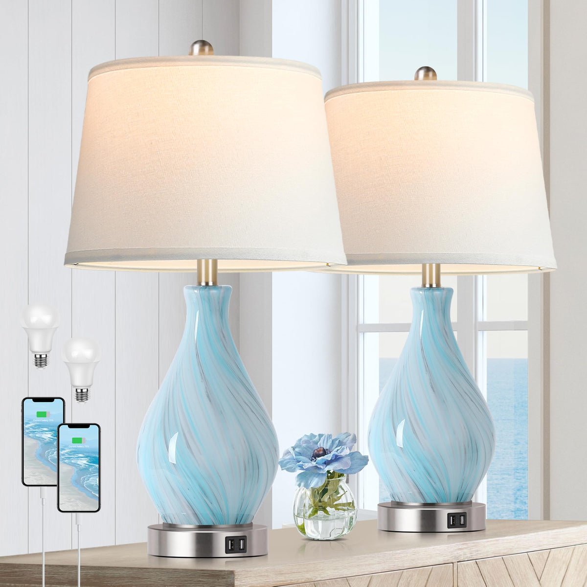 PARTPHONER Table Lamp Set of 2, Modern Ceramic Bedside Lamps for Night Stands, Classic Small Lamp Nightstand Lamp for Bedroom Living Room Desk End Table Rocker Swtich Grey