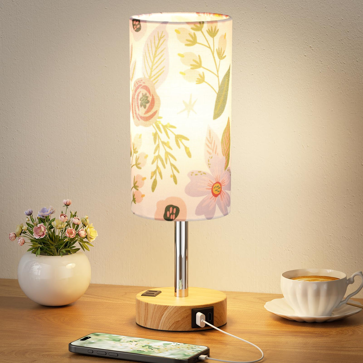 Fenmzee Bedside Table Lamp for Bedroom - Dimmable Touch, USB A+C, AC Outlet