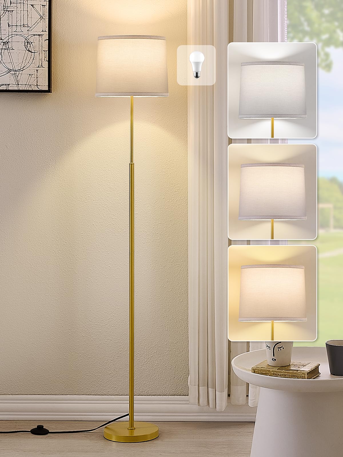 60" Modern Floor Lamp with Linen Shade, 3 Color LED Bulb & Foot Switch