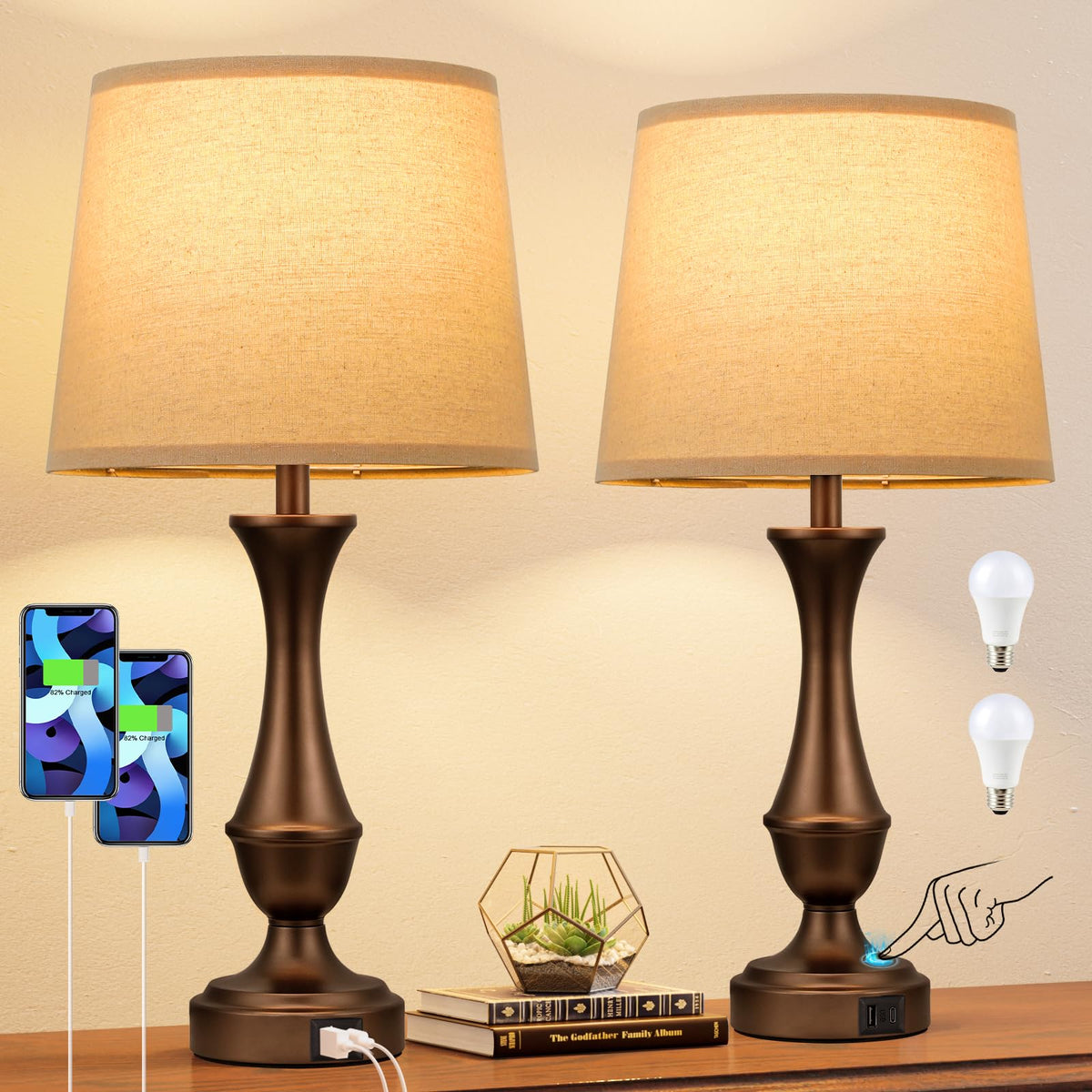 Touch Lamps for Nightstand, 3 Way Dimmable Lamps for Bedroom with USB C+A